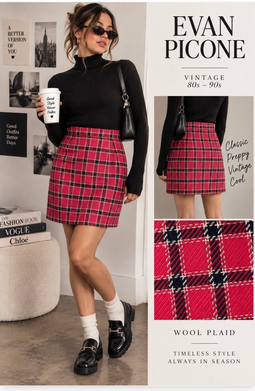Vintage Evan Picone Wool Plaid Skirt 10 Pink Navy High Waist Preppy 80s 90s